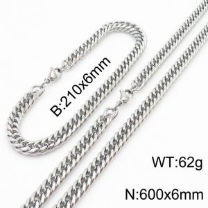 6mm Miami Cuban Link Chain Set For Men Silver Plated Stainless Steel Bracelet & Necklace - KS203421-TK