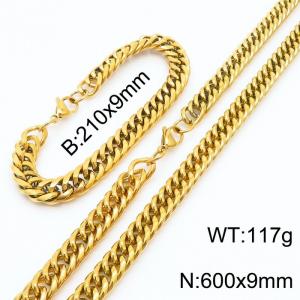 9mm Miami Cuban Link Chain Set For Men Gold Plated Stainless Steel Bracelet & Necklace - KS203425-TK