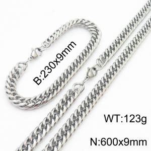 9mm Miami Cuban Link Chain Set For Men Silver Plated Stainless Steel Bracelet & Necklace - KS203427-TK