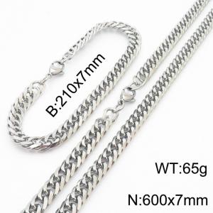 7mm Miami Cuban Link Chain Set For Men Silver Plated Stainless Steel Bracelet & Necklace - KS203430-TK