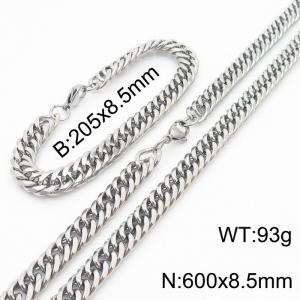 8.5mm Miami Cuban Link Chain Set For Men Silver Plated Stainless Steel Bracelet & Necklace - KS203432-TK