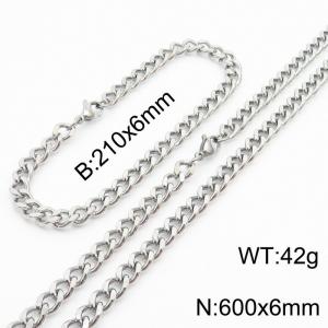 6mm Miami Cuban Link Chain Set For Men Silver Plated Stainless Steel Bracelet & Necklace - KS203435-TK