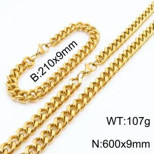 9mm Miami Cuban Link Chain Set For Men Gold Plated Stainless Steel Bracelet & Necklace - KS203439-TK