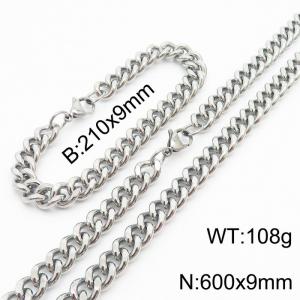 9mm Miami Cuban Link Chain Set For Men Silver Plated Stainless Steel Bracelet & Necklace - KS203441-TK