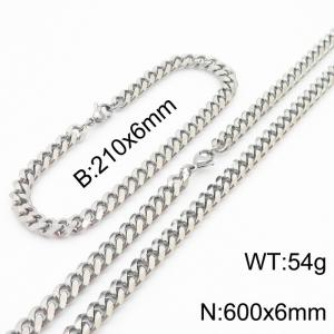 6mm Miami Cuban Link Chain Set For Men Silver Plated Stainless Steel Bracelet & Necklace - KS203443-TK