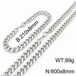 8mm Miami Cuban Link Chain Set For Men Silver Plated Stainless Steel Bracelet & Necklace - KS203445-TK
