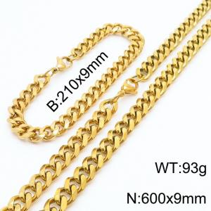 9mm Miami Cuban Link Chain Set For Men Gold Plated Stainless Steel Bracelet & Necklace - KS203447-TK