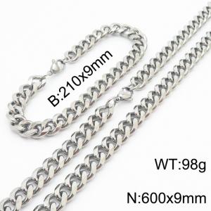 9mm Miami Cuban Link Chain Set For Men Silver Plated Stainless Steel Bracelet & Necklace - KS203449-TK