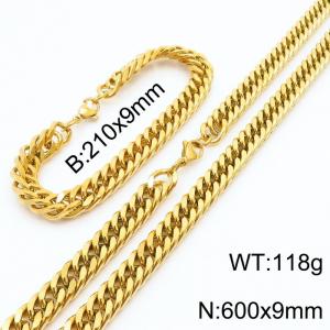 9mm Miami Cuban Link Chain Set For Men Gold Plated Stainless Steel Bracelet & Necklace - KS203456-TK