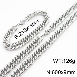 9mm Miami Cuban Link Chain Set For Men Silver Plated Stainless Steel Bracelet & Necklace - KS203458-TK