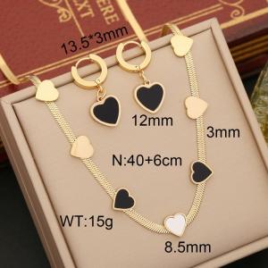 European and American fashion stainless steel snake bone chain black and white heart-shaped jewelry gold 2-piece set - KS203522-WGYB