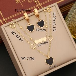 European and American fashion stainless steel double chain fritillary Pentagram hollow black heart shaped necklace earrings gold 2-piece set - KS203525-WGYB