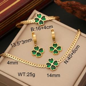 European and American fashion stainless steel flat snake chain green Four-leaf clover gold jewelry 3-piece set - KS203526-WGYB