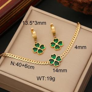 European and American fashion stainless steel flat snake chain green Four-leaf clover gold jewelry 2-piece set - KS203527-WGYB