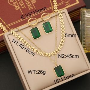 European and American fashion stainless steel double chain square jadeite pendant earrings with gold 2-piece set - KS203530-WGYB