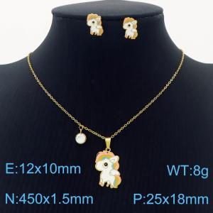 Stainless Steel Gold Color Rainbow Pony Zircon Pendant Cuban Link Chain Necklaces Earrings Jewelry Sets For Women - KS203545-SS