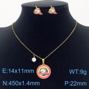 Stainless Steel Gold Color Round Rainbow Pony Zircon Pendant Cuban Link Chain Necklaces Earrings Jewelry Sets For Women - KS203547-SS