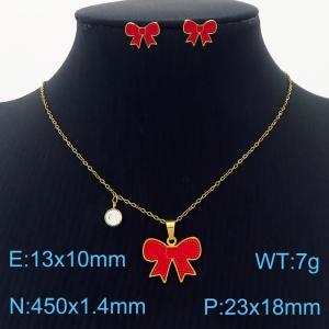 Stainless Steel Gold Color Red Bow Zircon Pendant Cuban Link Chain Necklaces Earrings Jewelry Sets For Women - KS203548-SS