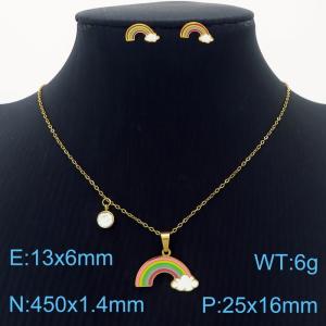 Stainless Steel Gold Color Rainbow Cloud Zircon Pendant Cuban Link Chain Necklaces Earrings Jewelry Sets For Women - KS203549-SS