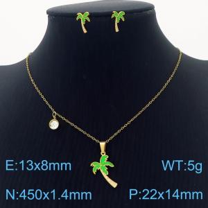 Stainless Steel Gold Color Coconut Palm Zircon Pendant Cuban Link Chain Necklaces Earrings Jewelry Sets For Women - KS203550-SS