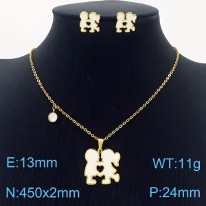 Stainless Steel Gold Color Boy and Girl Zircon Pendant Cuban Link Chain Necklaces Earrings Jewelry Sets For Women - KS203551-SS