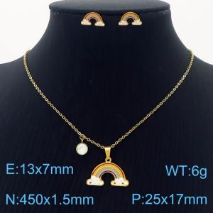 Stainless Steel Gold Color Rainbow Double Clouds Zircon Pendant Cuban Link Chain Necklaces Earrings Jewelry Sets For Women - KS203552-SS