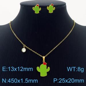 Stainless Steel Gold Color Cactus Zircon Pendant Cuban Link Chain Necklaces Earrings Jewelry Sets For Women - KS203553-SS