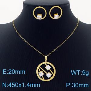 Stainless Steel Gold Color Round Zircon Pendant Cuban Link Chain Necklaces Earrings Jewelry Sets For WomenStainless Steel Gold Color Round Zircon Pendant Cuban Link Chain Necklaces Earrings Jewelry Sets For Women - KS203556-SS