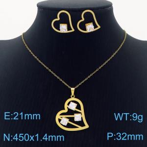 Stainless Steel Gold Color Heart Zircon Pendant Cuban Link Chain Necklaces Earrings Jewelry Sets For Women - KS203558-SS