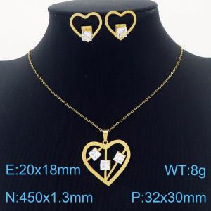 Stainless Steel Gold Color Heart Zircon Pendant Cuban Link Chain Necklaces Earrings Jewelry Sets For Women - KS203559-SS