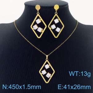Stainless Steel Gold Color Brick Shape Zircon Pendant Cuban Link Chain Necklaces Earrings Jewelry Sets For Women - KS203561-SS