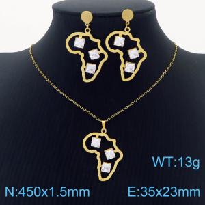 Stainless Steel Gold Color Saw Puzzle Zircon Pendant Cuban Link Chain Necklaces Earrings Jewelry Sets For Women - KS203562-SS
