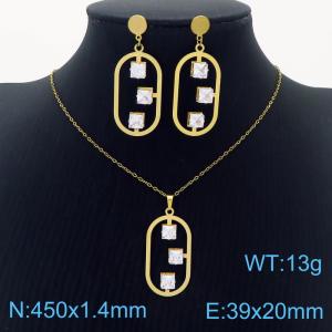 Stainless Steel Gold Color Ellipse Zircon Pendant Cuban Link Chain Necklaces Earrings Jewelry Sets For Women - KS203563-SS