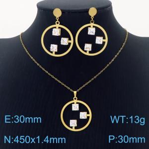 Stainless Steel Gold Color Round Zircon Pendant Cuban Link Chain Necklaces Earrings Jewelry Sets For Women - KS203564-SS