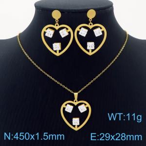 Stainless Steel Gold Color Heart Zircon Pendant Cuban Link Chain Necklaces Earrings Jewelry Sets For Women - KS203565-SS