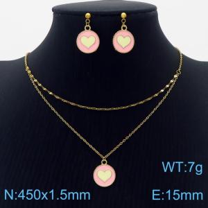 Stainless Steel Gold Color Pink Round Red Heart Pendant Cuban Link Chain Necklaces Earrings Jewelry Sets For Women - KS203568-SS