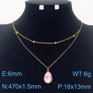 Stainless Steel Gold Color Pink Water Drop Pendant Cuban Link Chain Necklaces Square White Zircon Earrings Jewelry Sets For Women - KS203575-SS