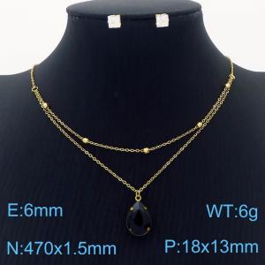 Stainless Steel Gold Color Black Water Drop Pendant Cuban Link Chain Necklaces Square White Zircon Earrings Jewelry Sets For Women - KS203576-SS