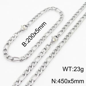 Stylish and minimalist 5mm stainless steel 3:1NK chain silver bracelet necklace two-piece set - KS203685-Z