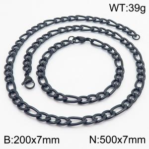 Stylish and minimalist 7mm stainless steel 3:1NK chain black bracelet necklace two-piece set - KS203714-Z