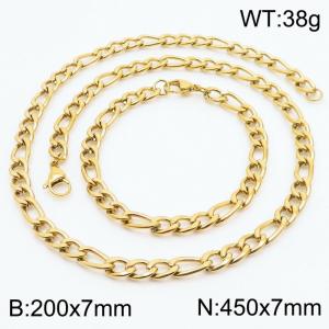Stylish and minimalist 7mm stainless steel 3:1NK chain gold bracelet necklace two-piece set - KS203720-Z
