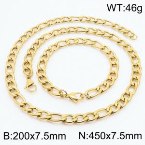 Stylish and minimalist 7.5mm stainless steel 3:1NK chain gold bracelet necklace two-piece set - KS203741-Z