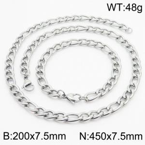 Stylish and minimalist 7.5mm stainless steel 3:1NK chain steel color bracelet necklace two-piece set - KS203748-Z