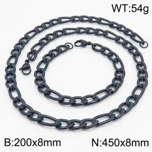 Stylish and minimalist 8mm stainless steel 3:1NK chain black bracelet necklace two-piece set - KS203755-Z