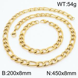 Stylish and minimalist 8mm stainless steel 3:1NK chain gold bracelet necklace two-piece set - KS203762-Z
