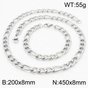 Stylish and minimalist 8mm stainless steel 3:1NK chain steel color bracelet necklace two-piece set - KS203769-Z