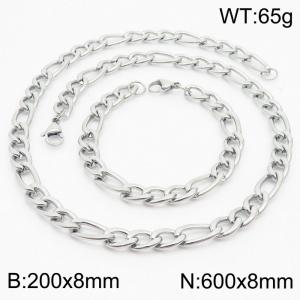 Stylish and minimalist 8mm stainless steel 3:1NK chain steel color bracelet necklace two-piece set - KS203772-Z