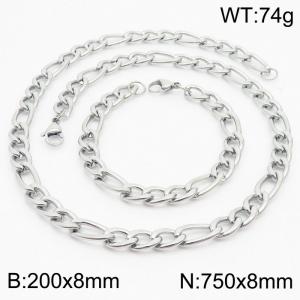 Stylish and minimalist 8mm stainless steel 3:1NK chain steel color bracelet necklace two-piece set - KS203775-Z