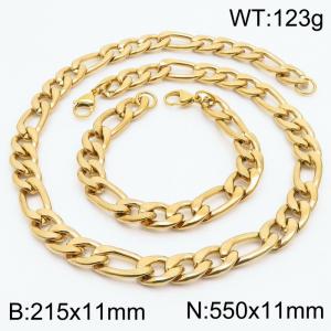 Stylish and minimalist 11mm stainless steel 3:1NK chain gold bracelet necklace two-piece set - KS203806-Z