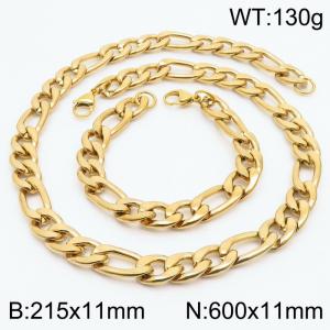 Stylish and minimalist 11mm stainless steel 3:1NK chain gold bracelet necklace two-piece set - KS203807-Z